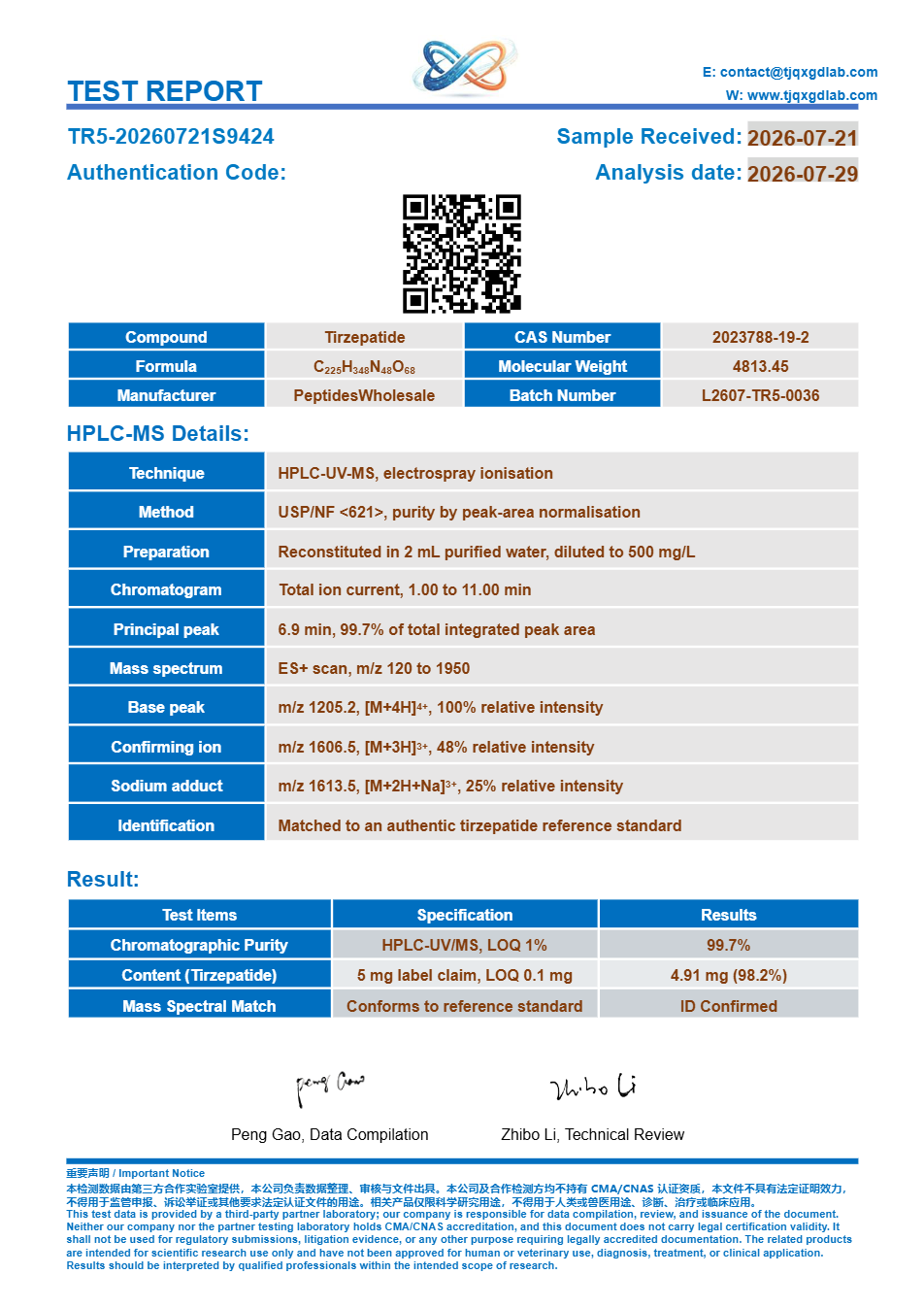 Certificate of analysis, Tirzepatide 5 mg, batch TR5-20260721S9424, 99.7% HPLC purity